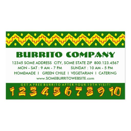 arriba buritto (loyalty punch card) business cards (back side)