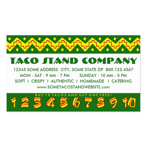 arriba tacos (loyalty punch card) business card template (back side)