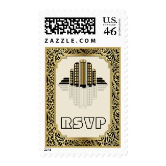 Art Deco abstract buildings black, gold RSVP Postage