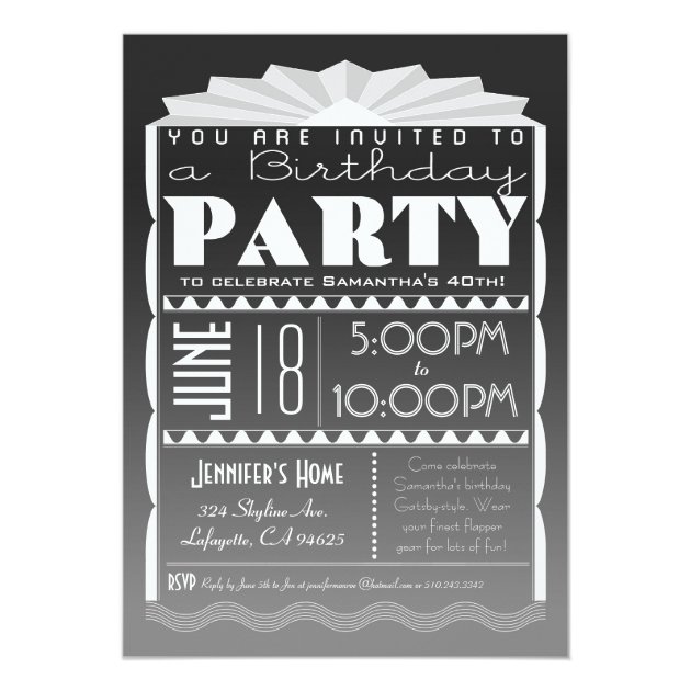 Art Deco Birthday Invitation - Gatsby Style Grey