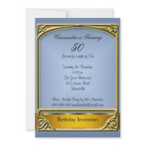 Art  Deco Blue Gold 50th Birthday Invitation