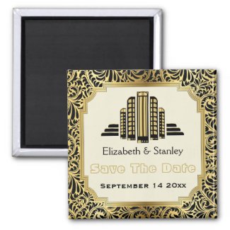 Art Deco building black gold wedding Save the Date Fridge Magnet