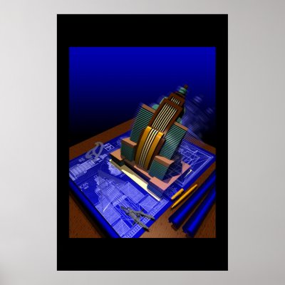 Art Deco Building Emerging from Blueprint by kentbingham