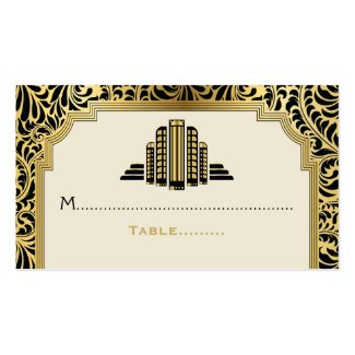 Art Deco buildings black, gold wedding place card Business Card