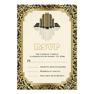 Art Deco buildings black, gold wedding RSVP Announcements
