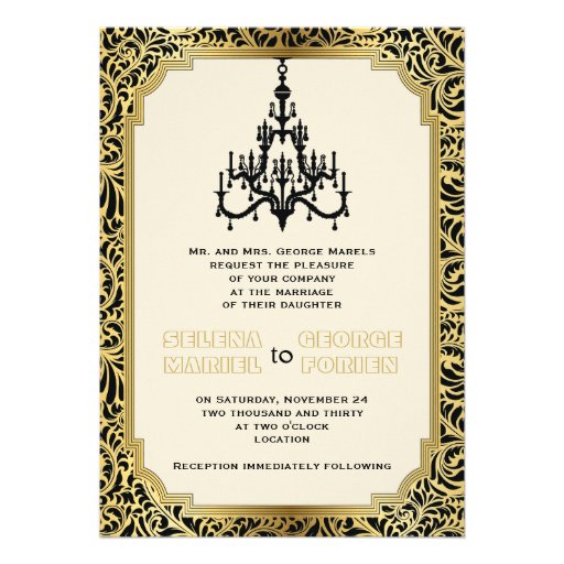 Art Deco chandelier black, gold wedding Invite