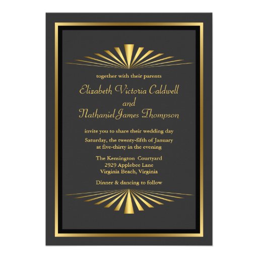Art Deco Gold Fanfare Wedding Invitation | black