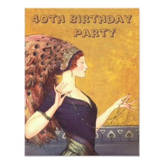 Art Deco Peacock Flapper 40th Birthday Party 4.25x5.5 Paper Invitation Card