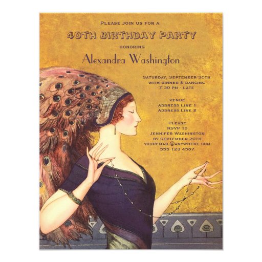 Art Deco Peacock Flapper 40th Birthday Party Personalized Invite