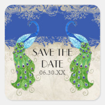 Art Deco Peacock Royal Blue Save the Date Seal Square Sticker