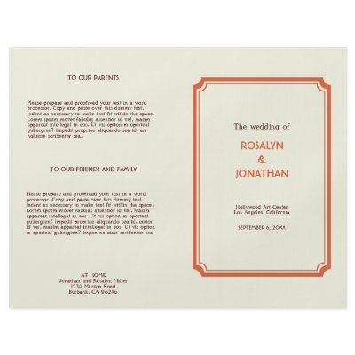 Art deco retro orange brown wedding program personalized flyer by FidesDesign