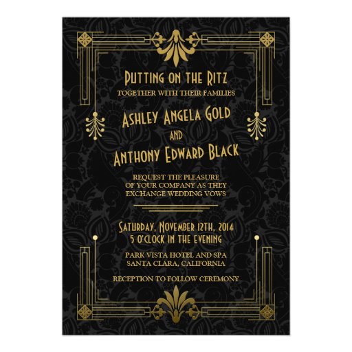 Art Deco Roaring 20s Black Gold Wedding Invitation