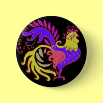 Art Deco rooster in Purple on Black buttons