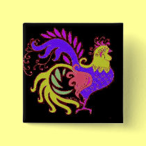 Art Deco rooster in Purple on Black buttons