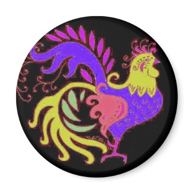 Art Deco rooster in Purple on Black Fridge Magnet by eelkat