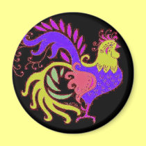 Art Deco rooster in Purple on Black magnets