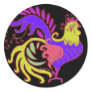 Art Deco rooster in Purple on Black Round Sticker