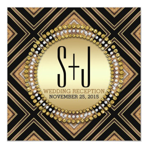 Art Deco Style Black Gold Wedding Reception Invite 5.25" Square Invitation Card