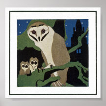 Art Deco Style Owl and Owlets Print