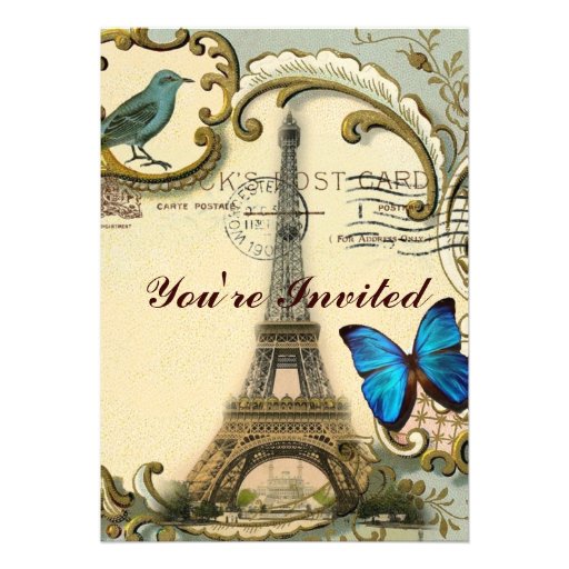 Art Deco swirls butterfly Eiffel Tower Paris Personalized Invitation