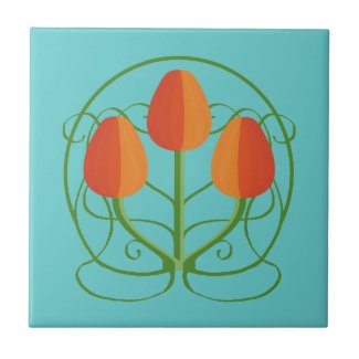 Art Nouveau Ceramic Tile with Orange Tulips