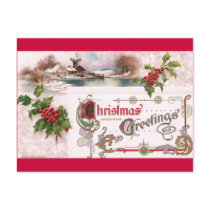 Art Nouveau Christmas Greetings with Holly postcards by pinkalmond Art Nouveau Christmas Greetings with Holly postcards