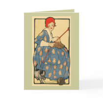 Art Nouveau -Girl knitting with her cat cards by MyOtherPlanet Art Nouveau -Girl knitting with her cat cards