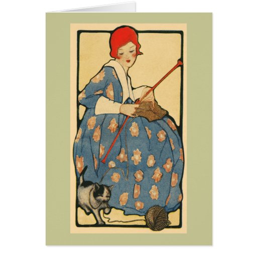 Art Nouveau -Girl knitting with her cat Greeting Card