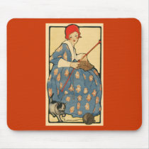 Art Nouveau -Girl knitting with her cat mousepads by MyOtherPlanet Art Nouveau -Girl knitting with her cat mousepads