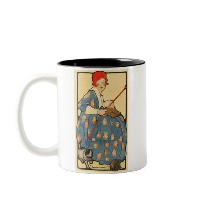 Art Nouveau -Girl knitting with her cat Coffee Mug by MyOtherPlanet