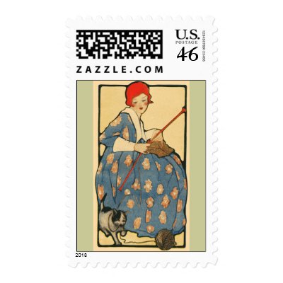 Art Nouveau -Girl knitting with her cat Stamps by MyOtherPlanet