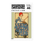 Art Nouveau -Girl knitting with her cat postage