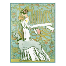 Art Nouveau Greyhound and Lady with Flower Post Card