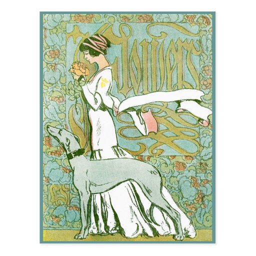 Art Nouveau Greyhound and Lady with Flower Post Card