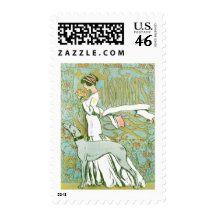 Art Nouveau Greyhound and Lady with Flower Stamps