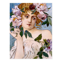 Art Nouveau Lady with Flowers Postcard