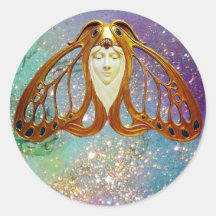 ART NOUVEAU MOTH WOMAN IN GOLD BLUE SPARKLES STICKER