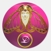 ART NOUVEAU MOTH WOMAN  PINK FUCHSIA GEM MONOGRAM ROUND STICKERS