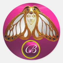ART NOUVEAU MOTH WOMAN  PINK FUCHSIA GEM MONOGRAM ROUND STICKERS