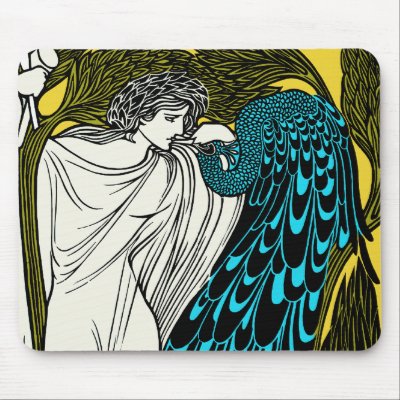 Art Nouveau Peacock Artwork - The Kiss Mousepad by VintageCabaret