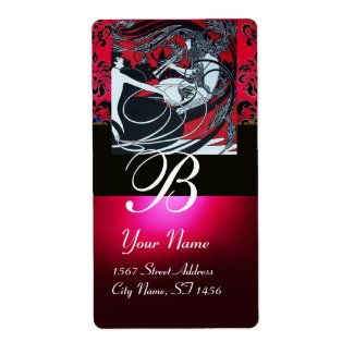 ART NOUVEAU RED BLACK GOLD DAMASK MONOGRAM ,ruby label