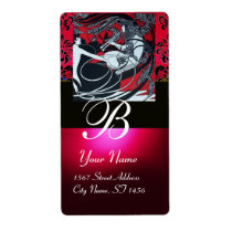 ART NOUVEAU RED BLACK GOLD DAMASK MONOGRAM ,ruby Personalized Shipping Label