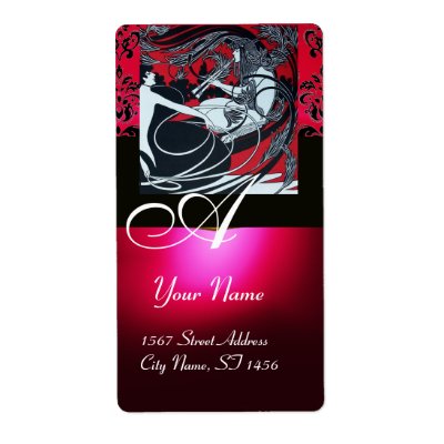 ART NOUVEAU RED BLACK GOLD DAMASK MONOGRAM ,ruby Personalized Shipping Label by bulgan_lumini