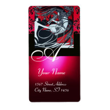 ART NOUVEAU RED BLACK GOLD DAMASK MONOGRAM ,ruby Personalized Shipping Label
