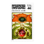 ART NOUVEAU  STYLIZED GREEN RED POPPY GEM MONOGRAM POSTAGE