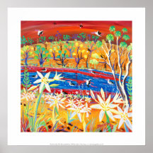 Art Print: Banrock Station Pelicans and Lilies