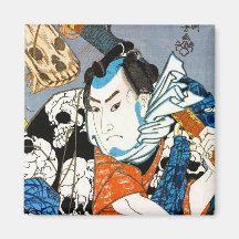 Arte japonés fresco del cráneo del samurai del hér imán para frigorífico