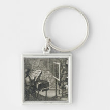 Artist painting a portrait over a grid for accurat keychains