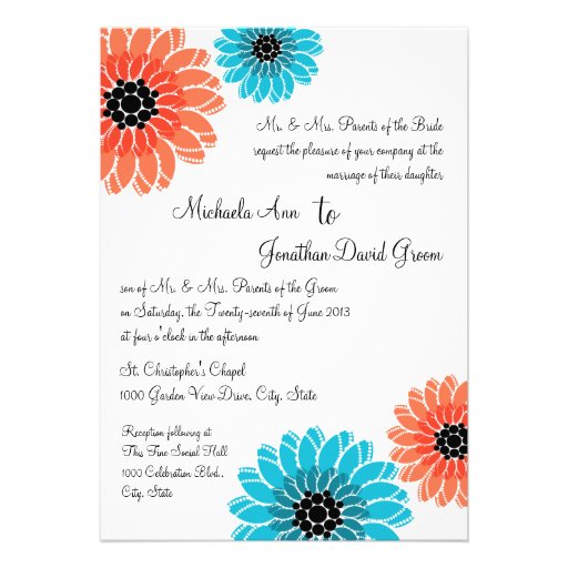 Artistic Garden Coral and Blue Wedding Custom Invitations