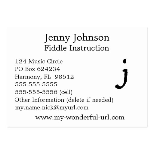 Artistic Letter "J" Hand Lettered Style Initial Business Card Template (back side)